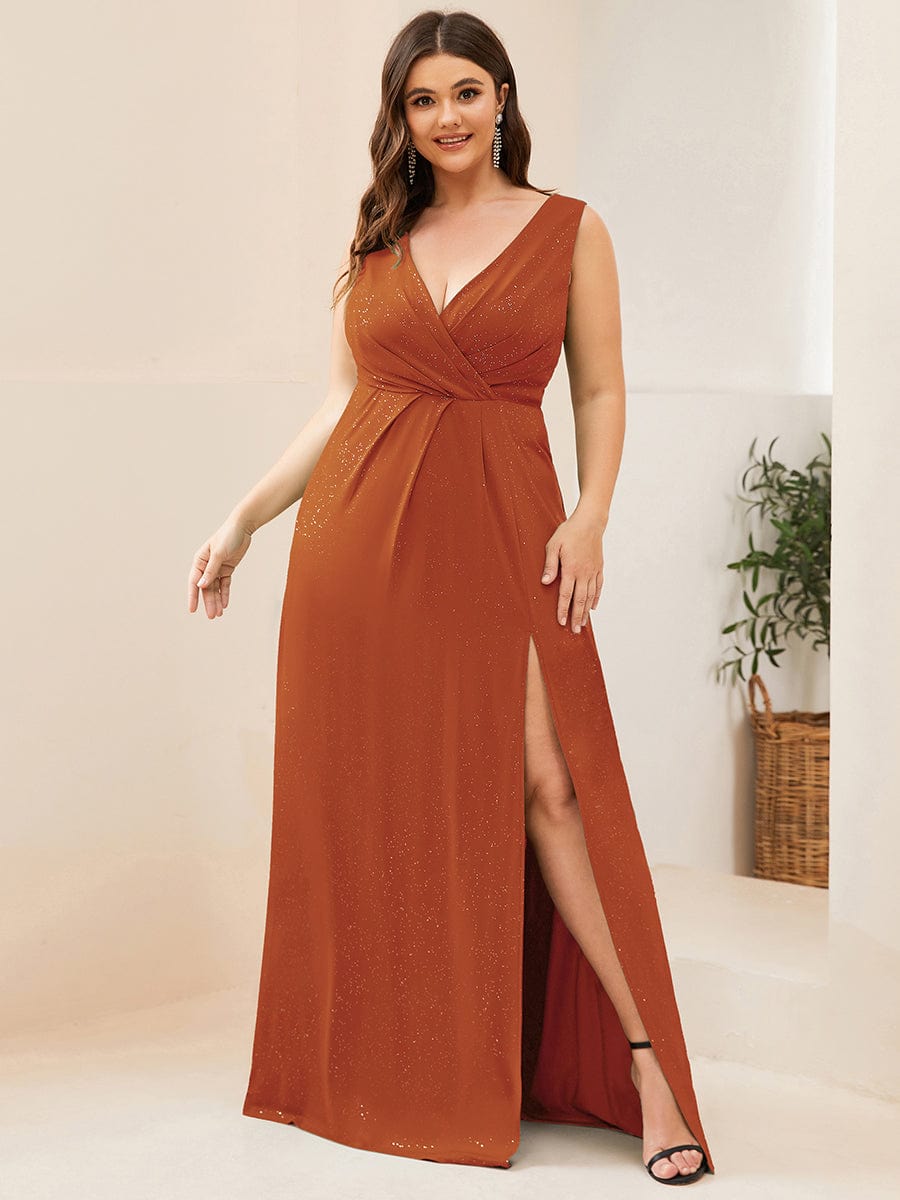 Plus Size Shiny V Neck Side Slit Formal Evening Dress