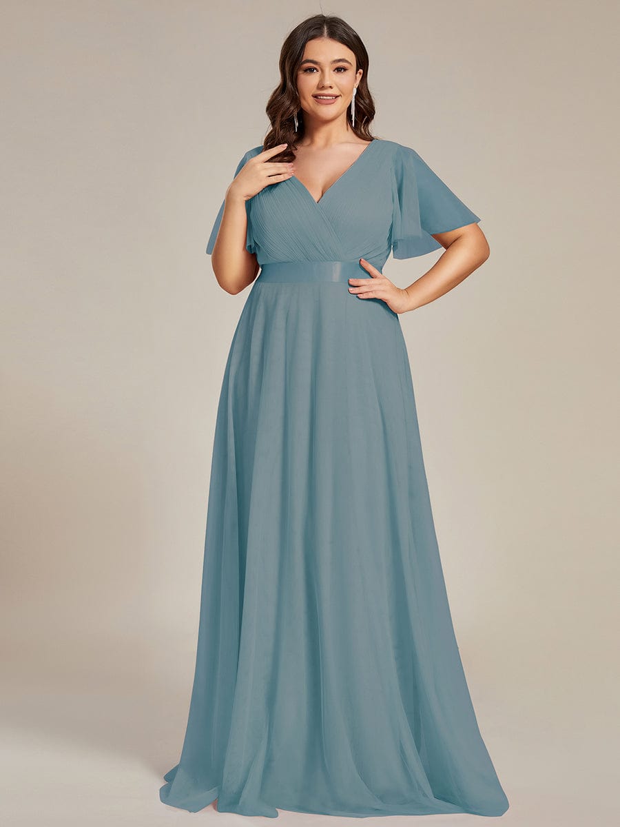 Women's Floor-Length Plus Size Formal Bridesmaid Dress with Short Sleeve