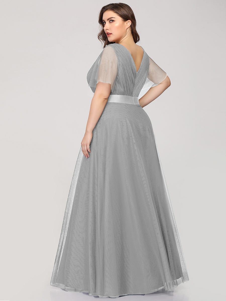 Double V-Neck Floor-Length Short Sleeve Tulle Bridesmaid Dresses