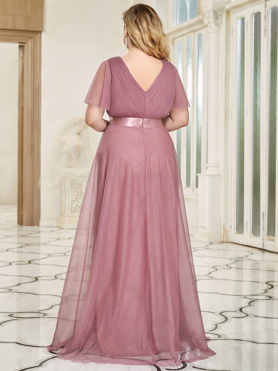 V-Neck Floor-Length Short Sleeve Tulle Bridesmaid Dresses