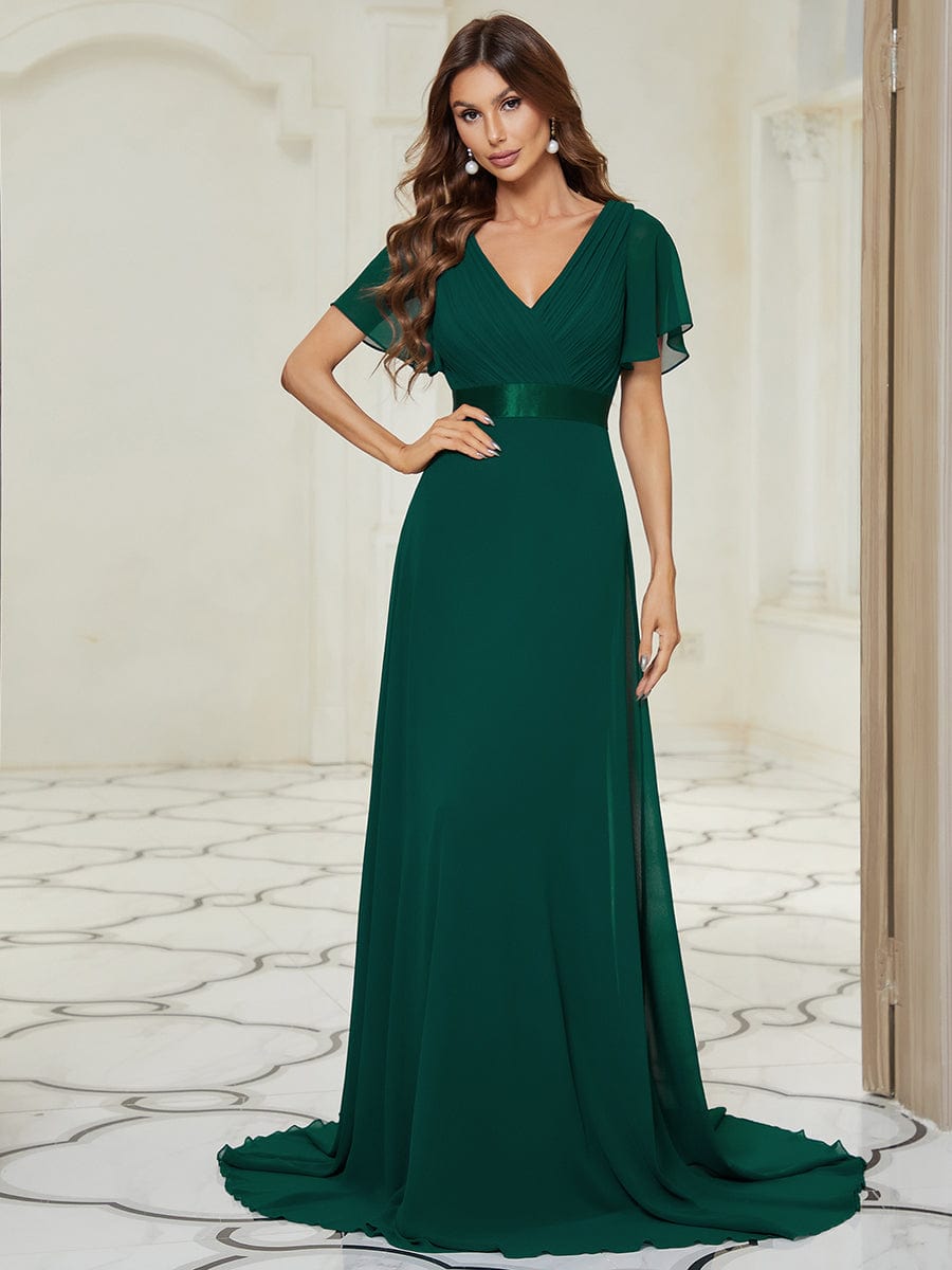 Long Chiffon Empire Waist Bridesmaid Dress with Short Flutter Sleeves