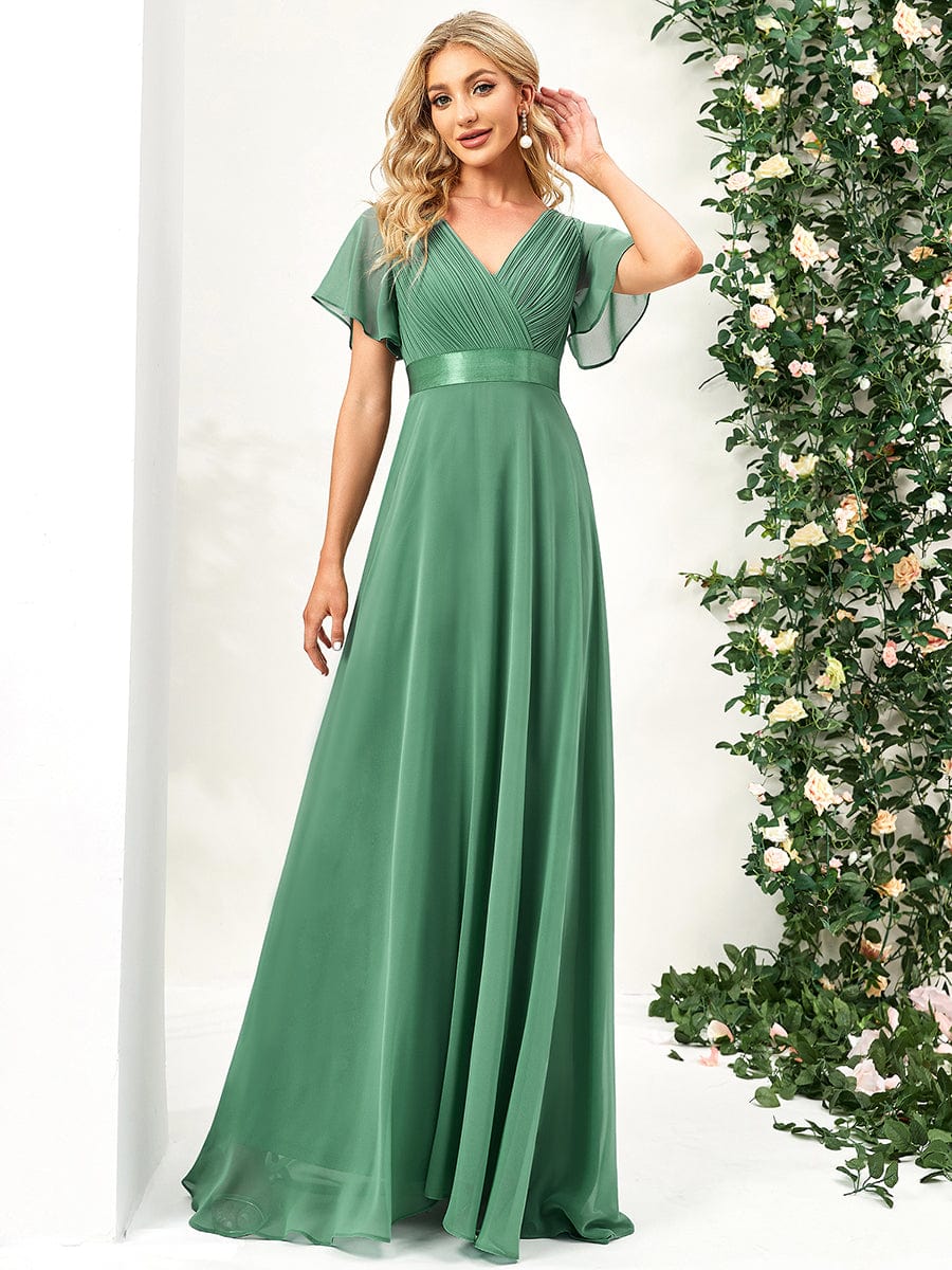 Long Chiffon Empire Waist Bridesmaid Dress with Short Flutter Sleeves