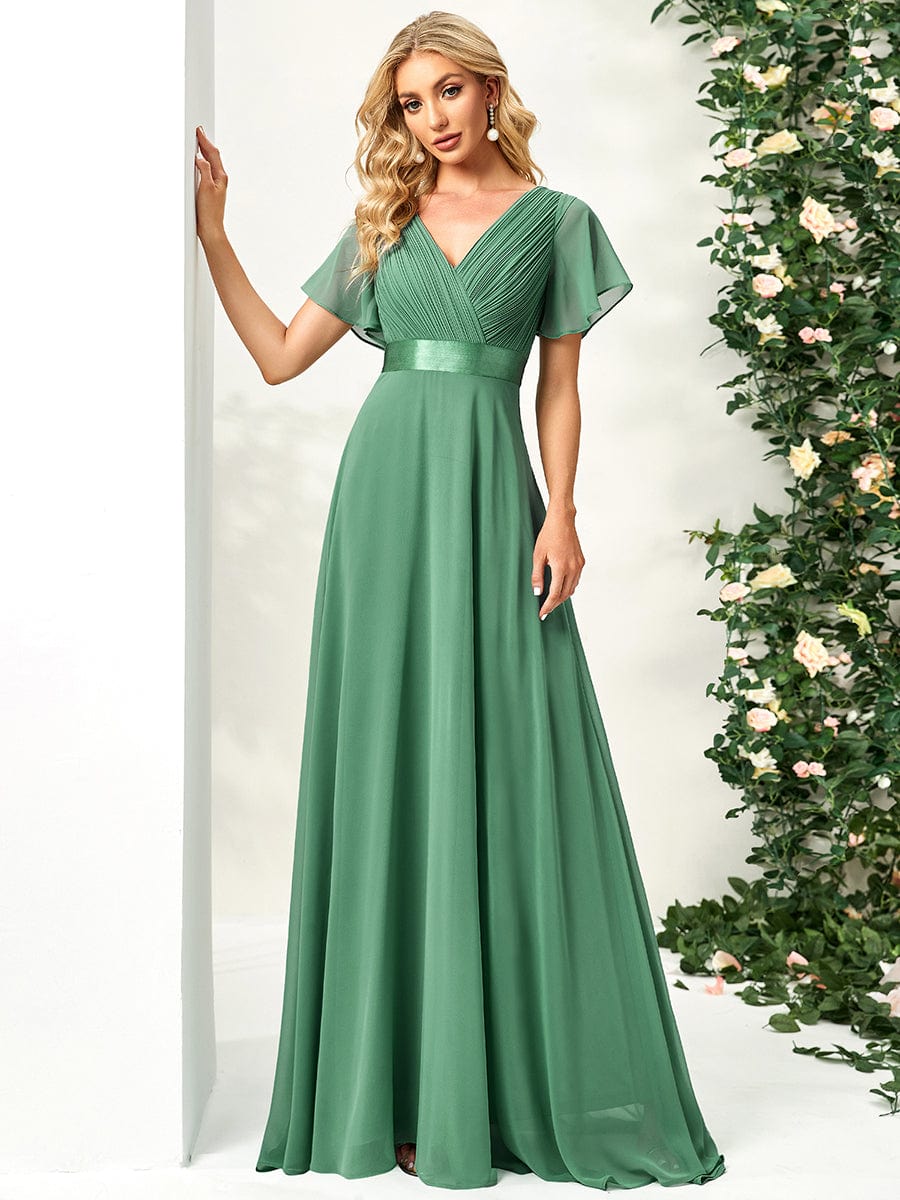 Long Chiffon Empire Waist Bridesmaid Dress with Short Flutter Sleeves