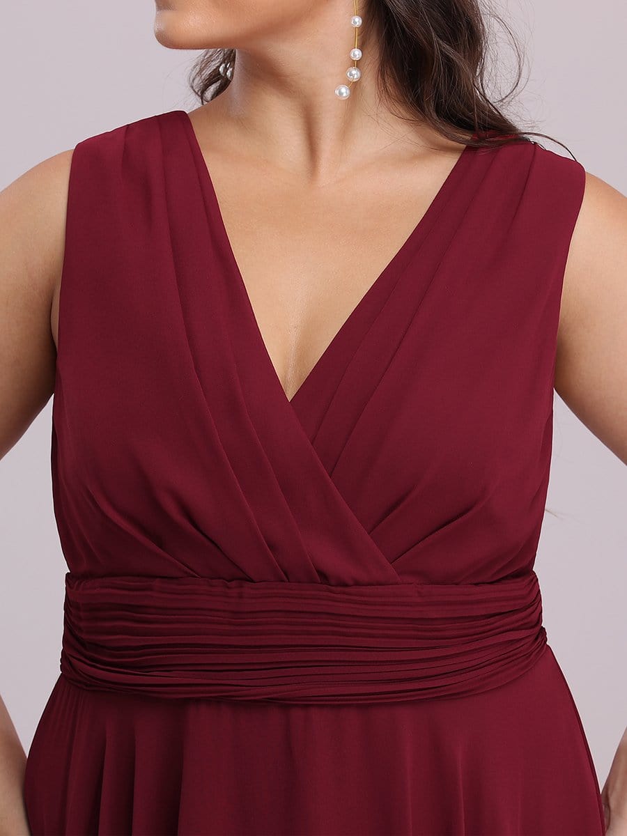 V Neck Ruched Asymmetrical Hems Midi Chiffon Bridesmaid Dress