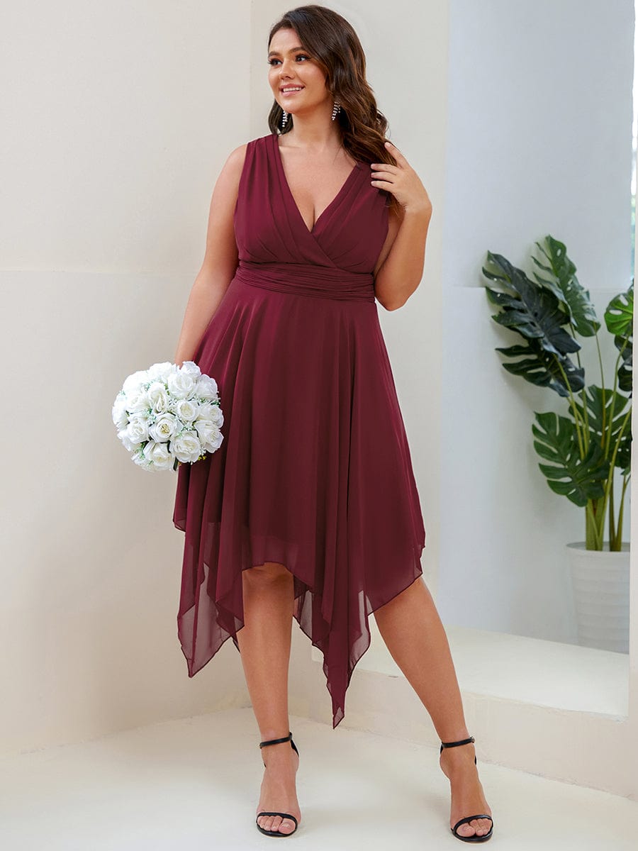 Plus Size Double V Neck Ruched-Waist Midi Chiffon Bridesmaid Dress