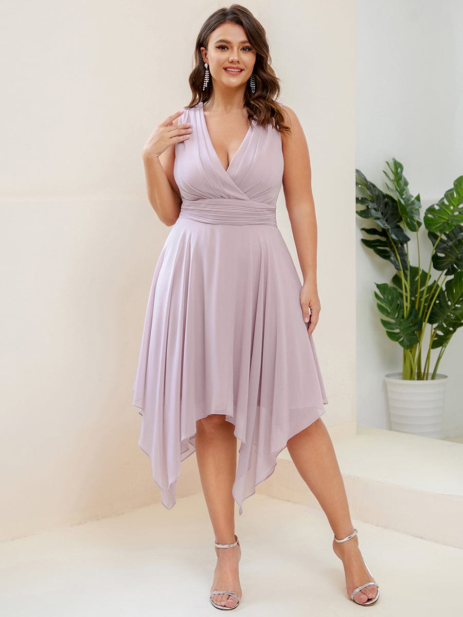 Plus Size Double V Neck Ruched-Waist Midi Chiffon Bridesmaid Dress