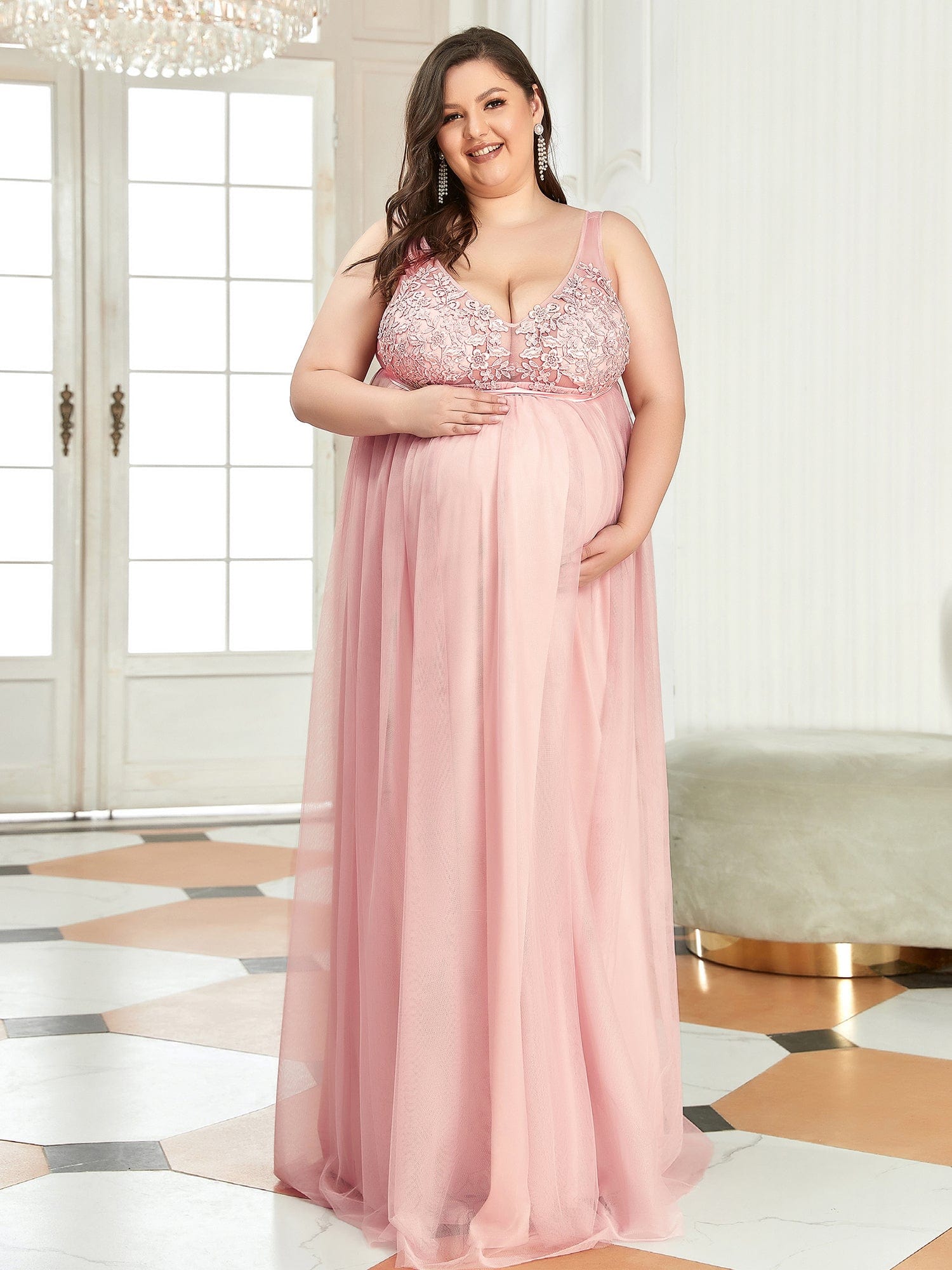 Double V-Neck Lace Bodice Long Flowy Maternity Dress