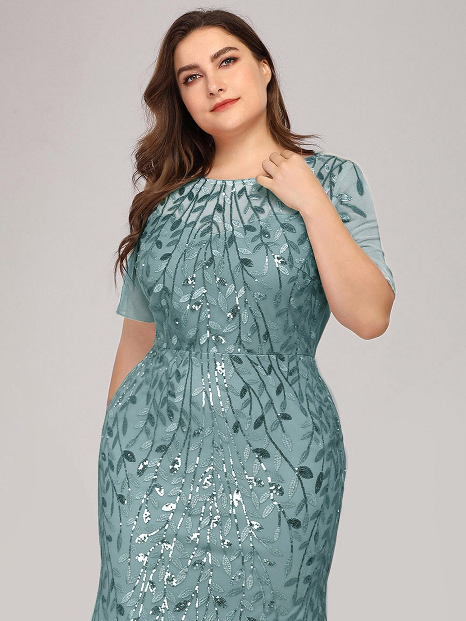 Floral Sequin Print Plus Size Mermaid Tulle Evening Dress