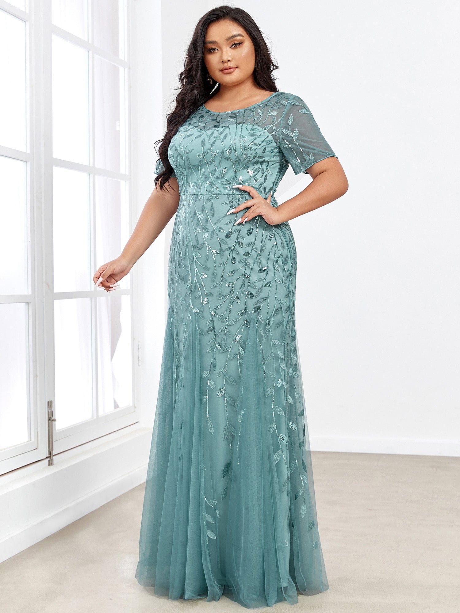 Floral Sequin Print Plus Size Mermaid Tulle Evening Dress