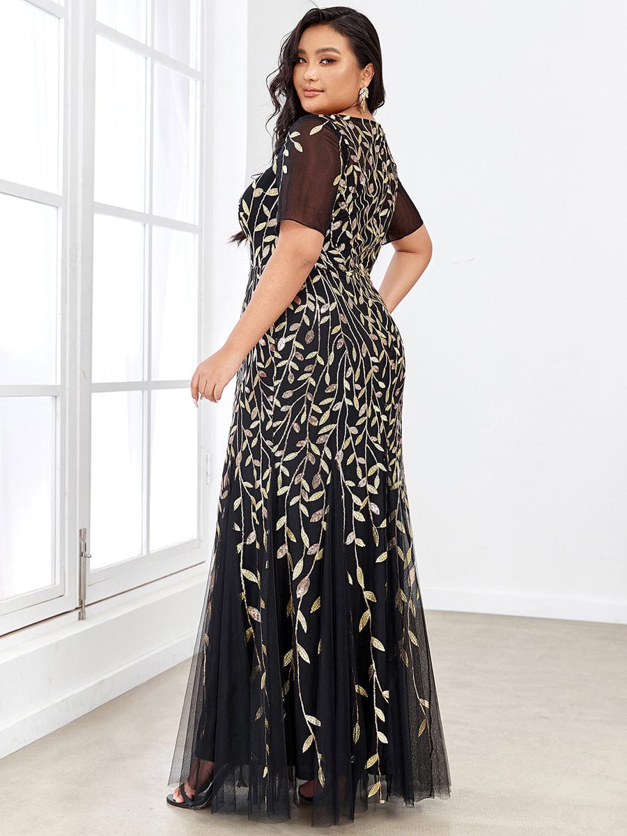 Floral Sequin Print Plus Size Mermaid Tulle Evening Dress