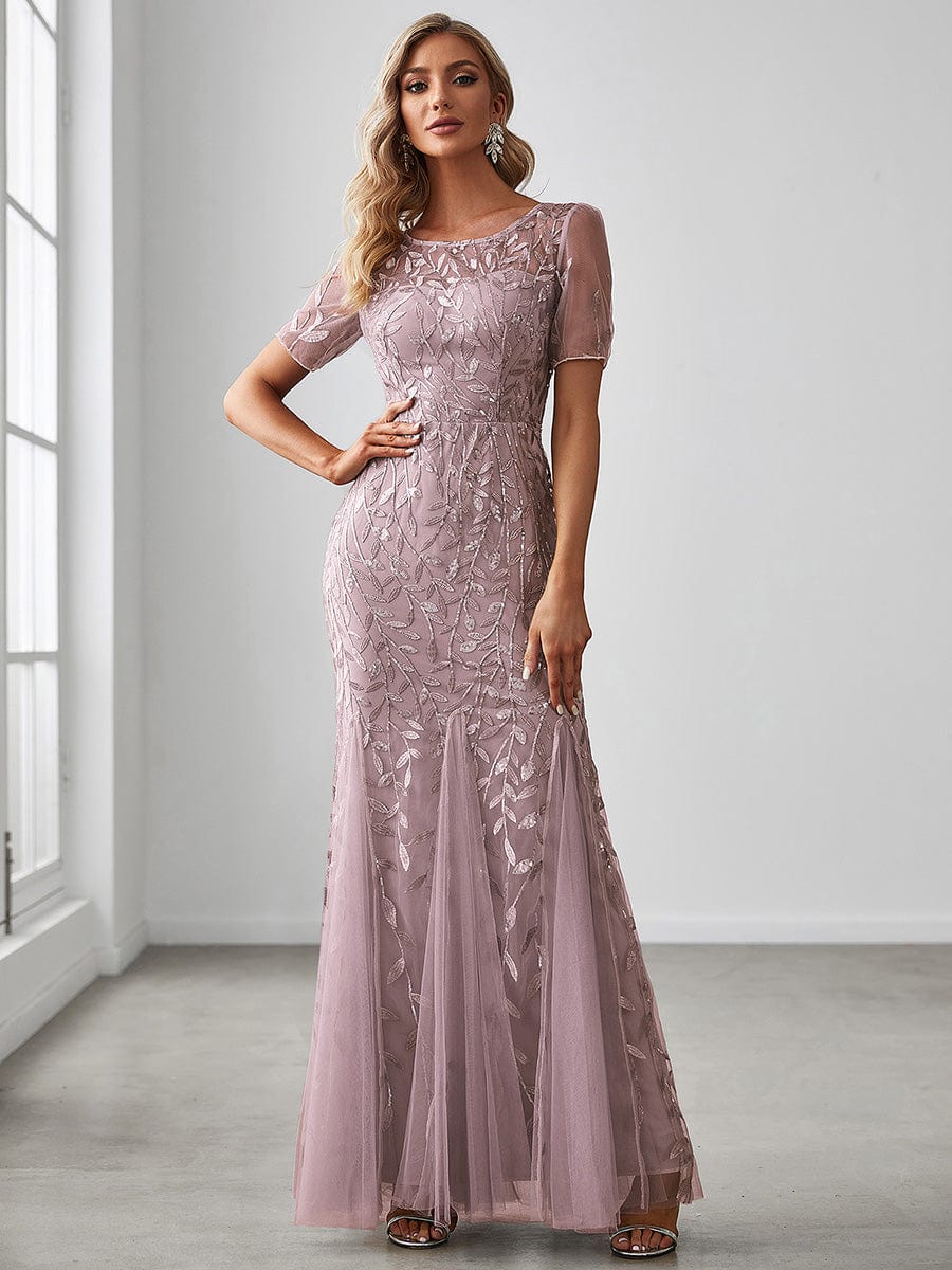 Floral Sequin Maxi Fishtail Tulle Prom Dress with Short Sleeve