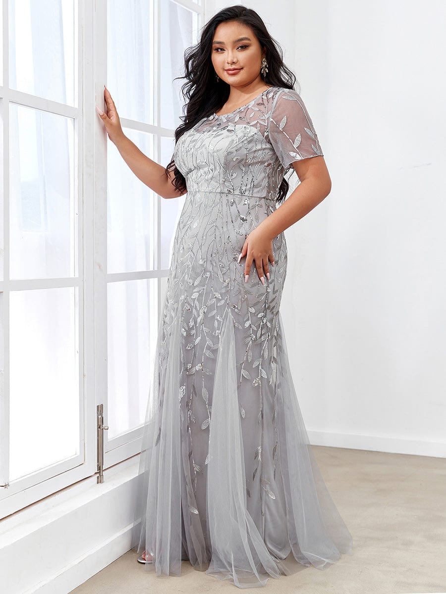 Floral Sequin Print Plus Size Mermaid Tulle Evening Dress