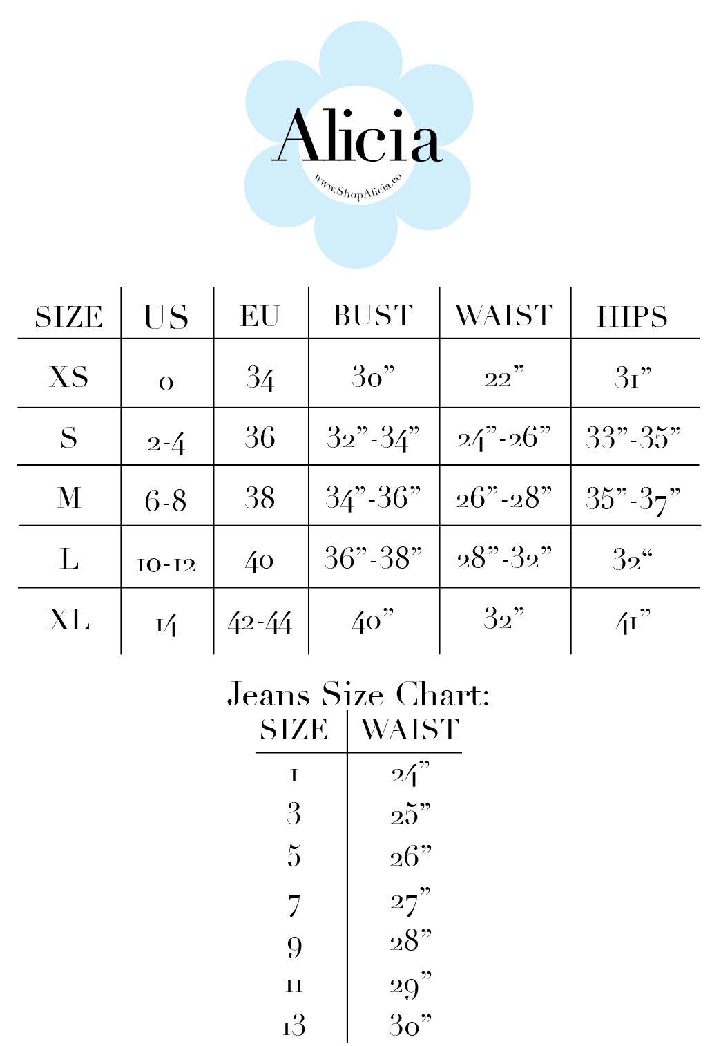 Size Chart – Alicia Boutique