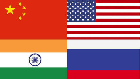 China, US, India, Russian Flags