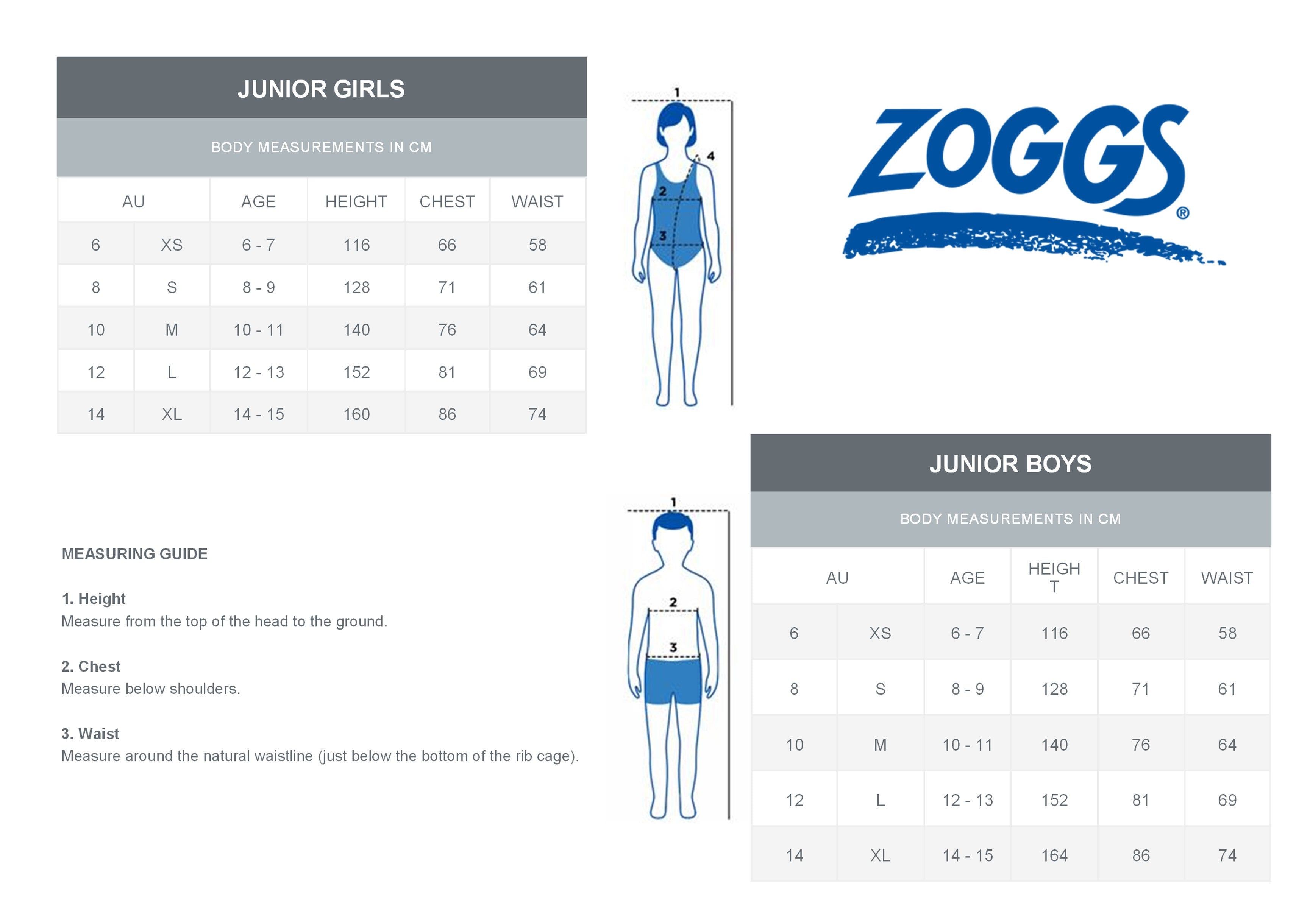 Zoggs Youth sizing