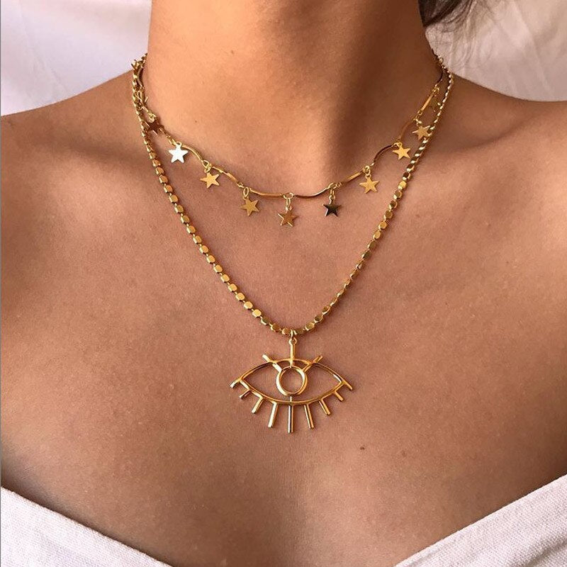 Boho Multi-element Crystal Necklaces For Women Fashion Gold Silver Necklace Vintage Multiple Layers Pendant Necklace Jewelry