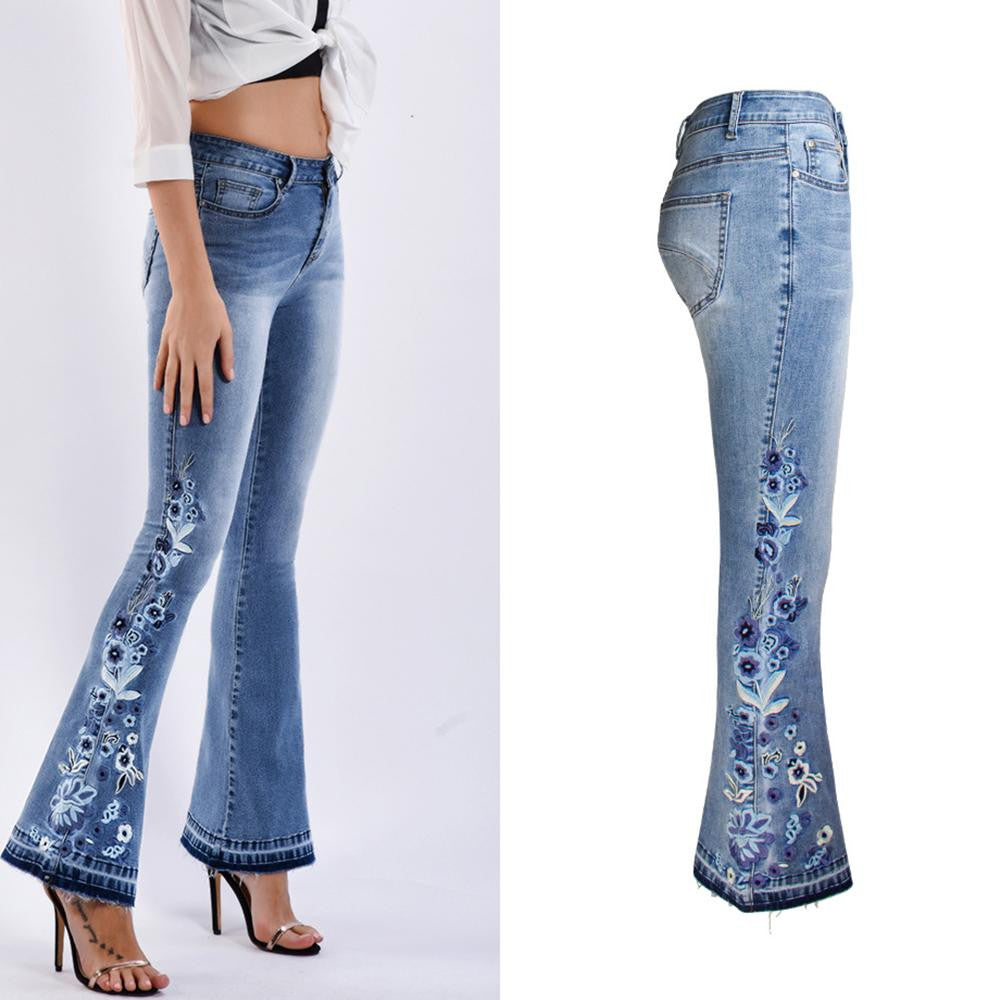 bell bottom embroidered jeans