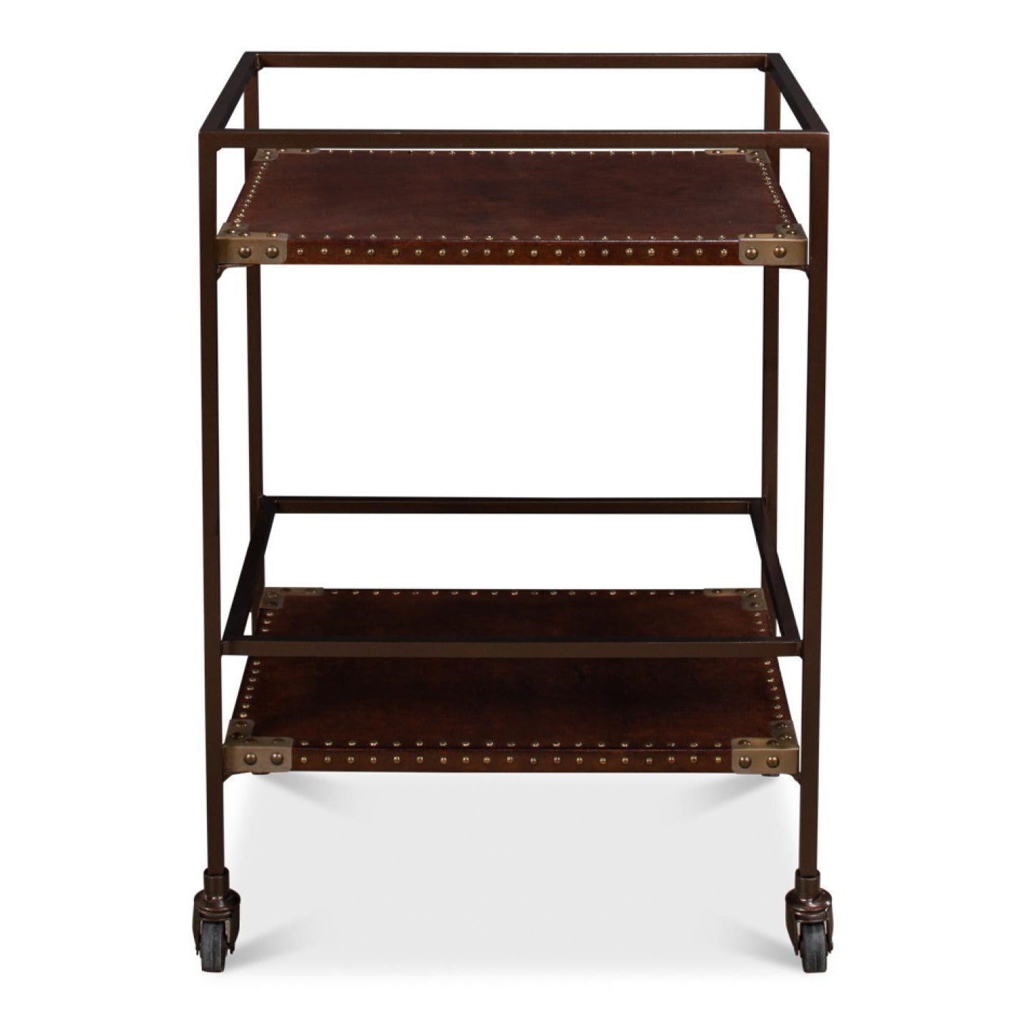 Brown Leather & Bronze Metal Bar Cart Trolley Server Side Table with Casters