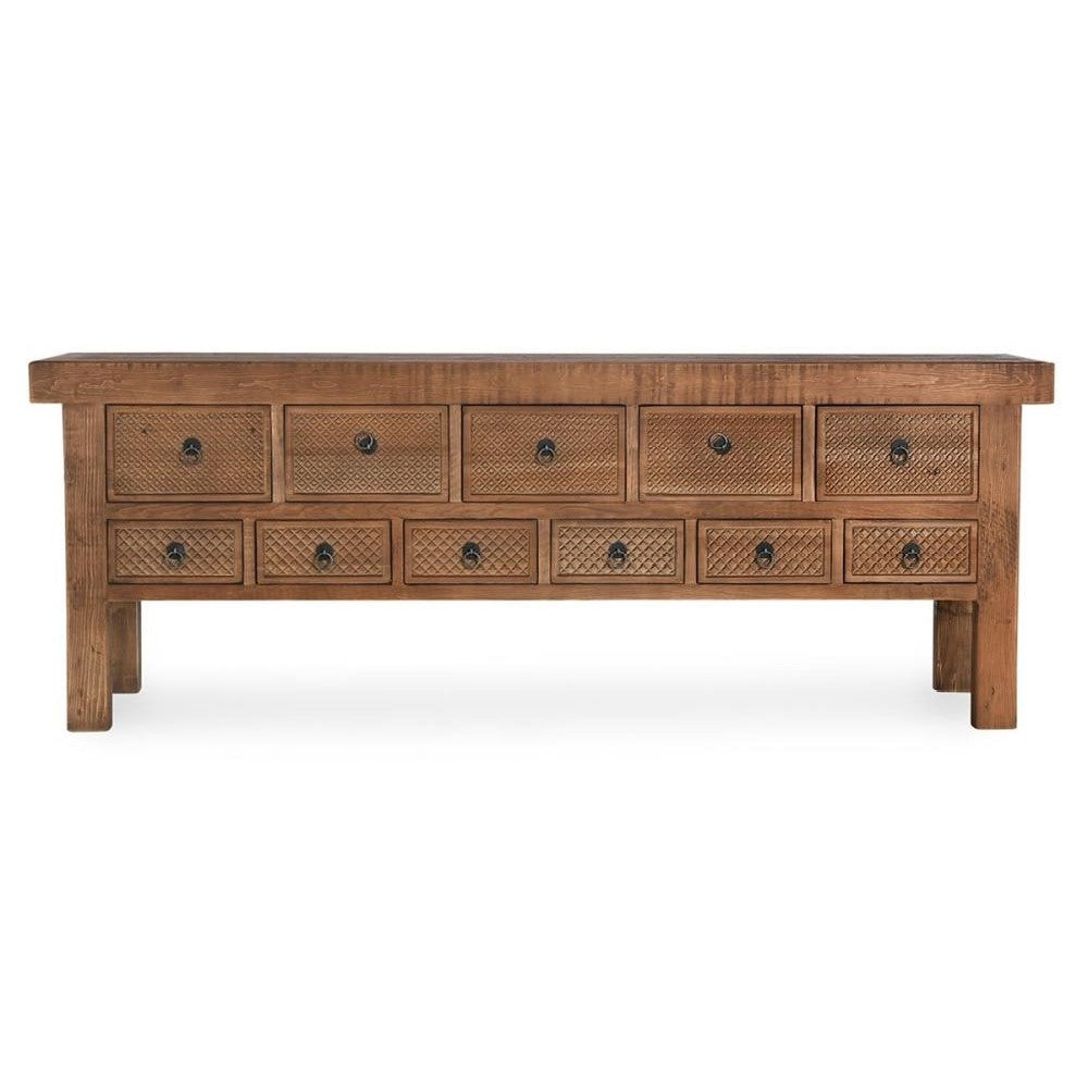 Brown Reclaimed Solid Pine Wood Primitive Style Buffet Sideboard with Drawers 93 inch