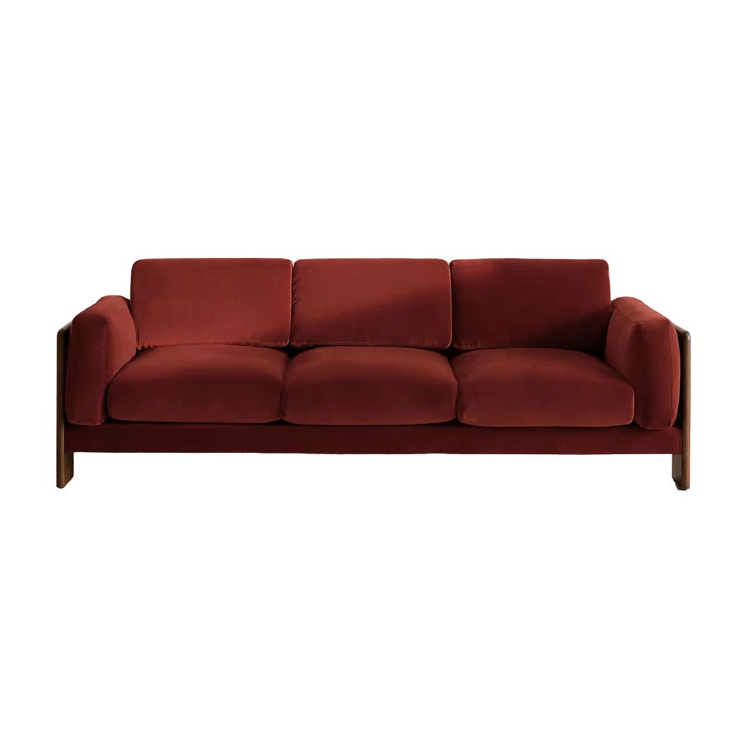 Rust Velvet Exposed Wood Three Seater Sofa Solid Oak Frame 87 inch