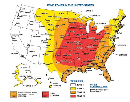 USA map of regions at risk of tornadoes and hurricanes