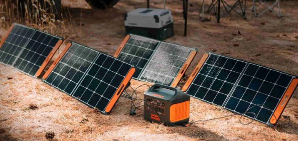 Solar energy and a 120V battery pack can come handy. Showing Jackery equipment with solar panels.