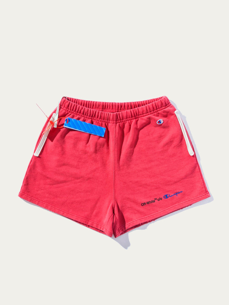 off white champion red shorts