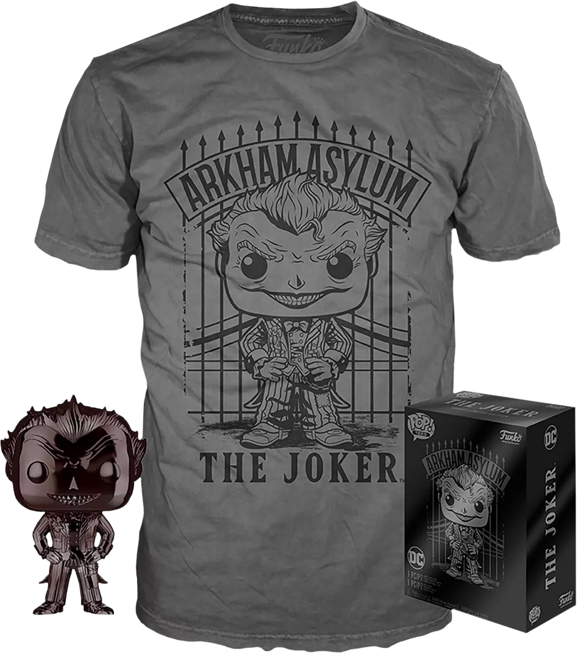 Funko - Batman: Arkham Asylum - The Joker Black Chrome - Vinyl Figure &  T-Shirt Box Set | The Amazing Collectables