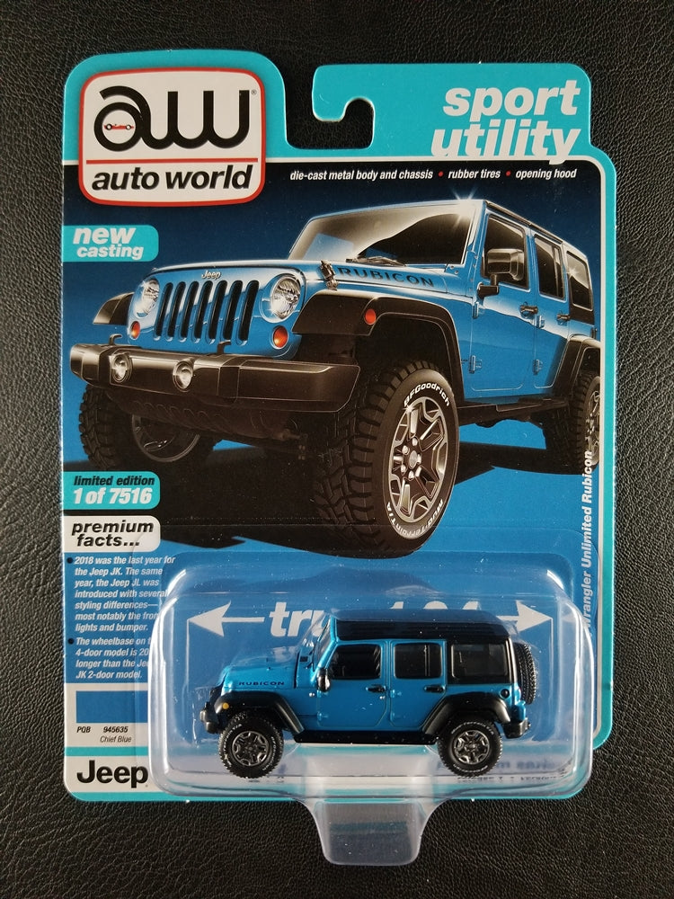 Auto World 18 Jeep Wrangler Unlimited Rubicon Chief Blue 3 6 Throwback Collectibles