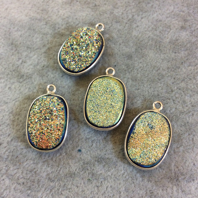 Silver Finish Blue/Gold Resin Druzy Oblong Oval Shaped Bezel Pendant/Charm Drop Component - Measuring 13mm x 17mm - Sold Individually