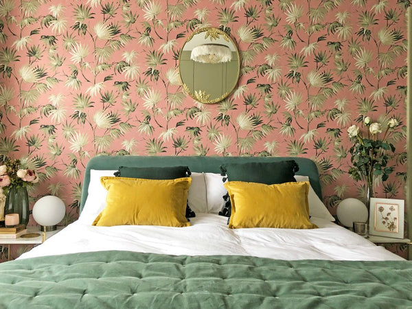Pink & Green Bedroom Makeover with bold floral wallpaper.