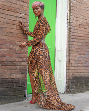 Leopard Print Mesh Maxi Dress