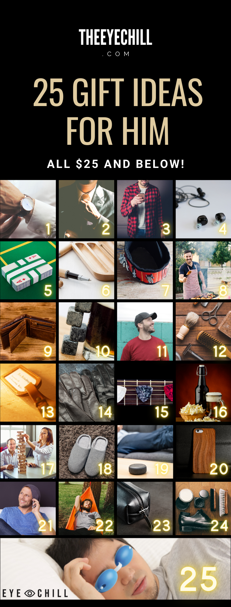 25 gift ideas for him in a grid with individuals photos of each