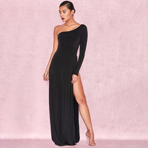 black one shoulder dress with split