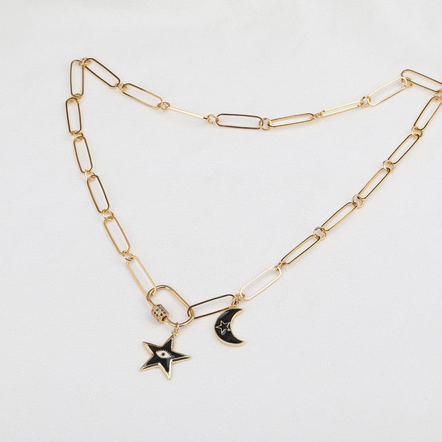 ADARA Enamel Moon & Star Oval Chain Link Necklace