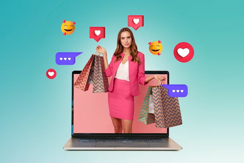 women holding shopping bags from a laptop screen while some emojis floating around