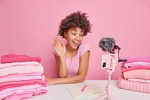 girl waving at phone placed on a tripod and some pink clothes on the table