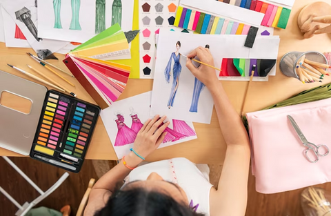 a girl drawing clothing designs on paper while multiple accessories placed side by