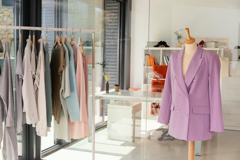 image showing woman's purple coat and some other clothes on the closet left