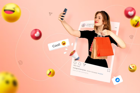 a woman holding shopping bags in a selfie pose popped out from an Instagram post while emojis floating around