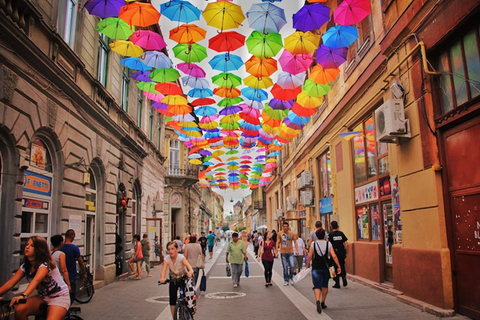 a street view decorated with the little colorful umbrellas