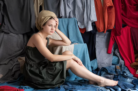 woman sitting on various clothing in a pose of thinking
