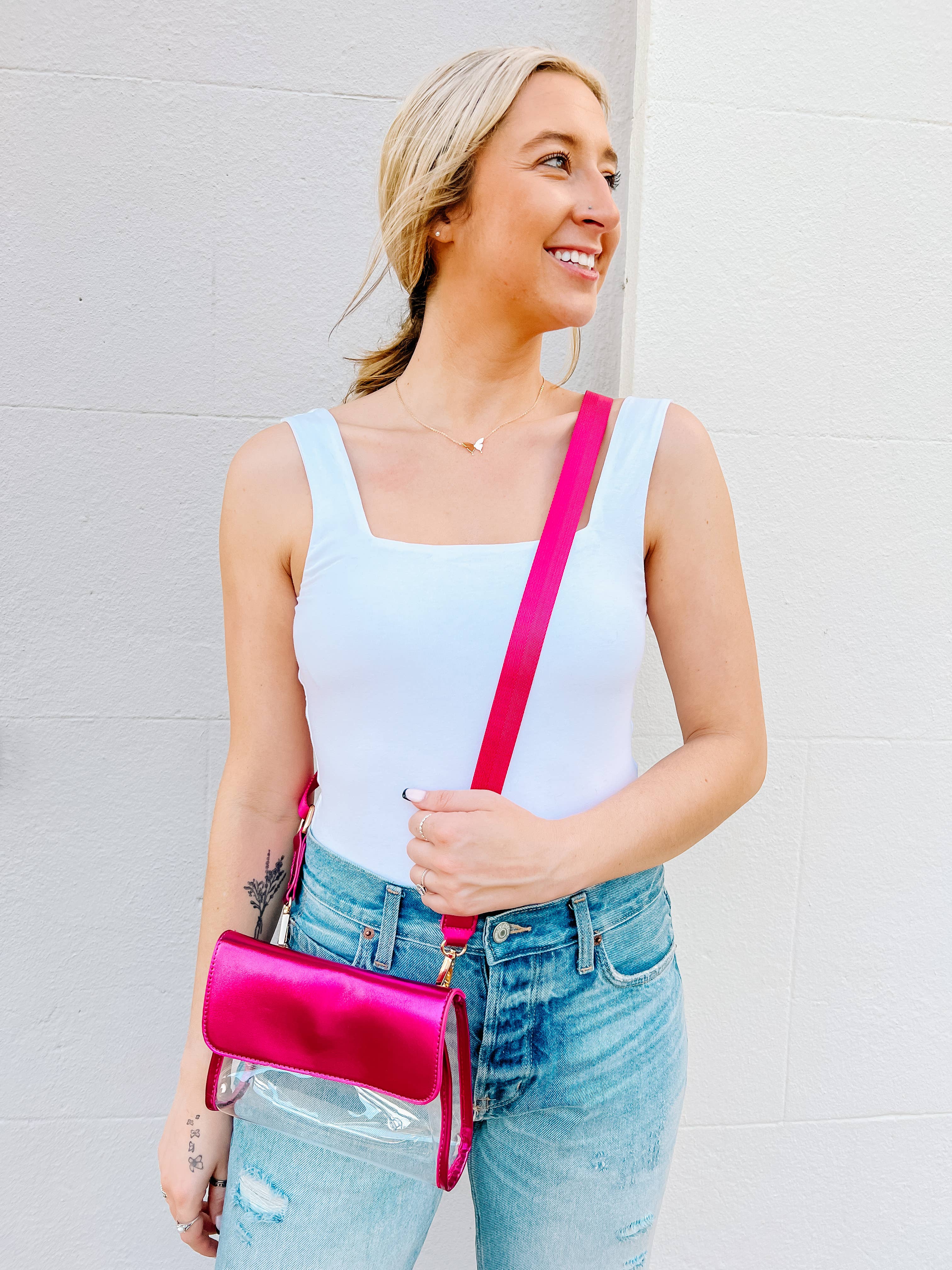 Tatum Convertible Clear Sling Belt Crossbody Bag Metallic Fuchsia