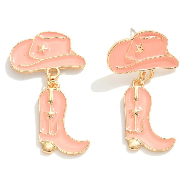 Blush Pink Enamel Cowboy Hat Boots Dangle Drop Earrings