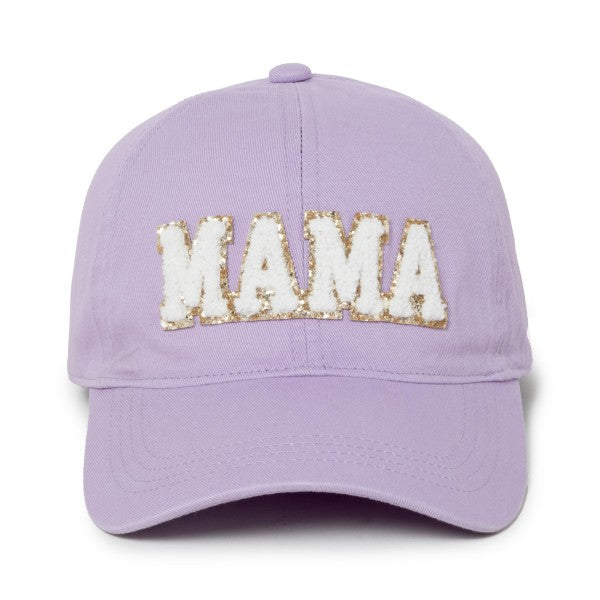 Gold Glitter White Chenille MAMA Patch Lavender Purple Baseball Cap