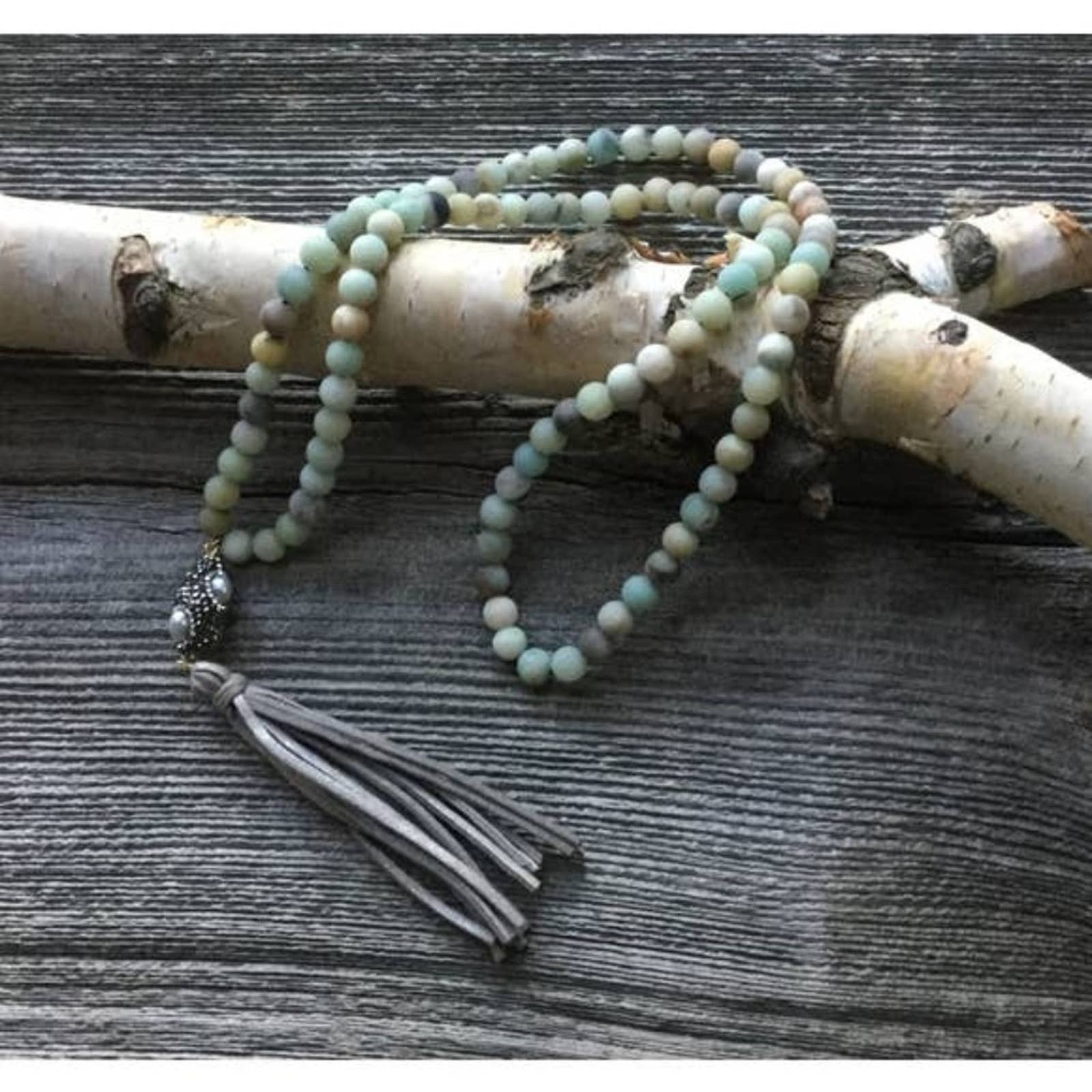 Stunning Amazonite Grey leather tassel Necklace