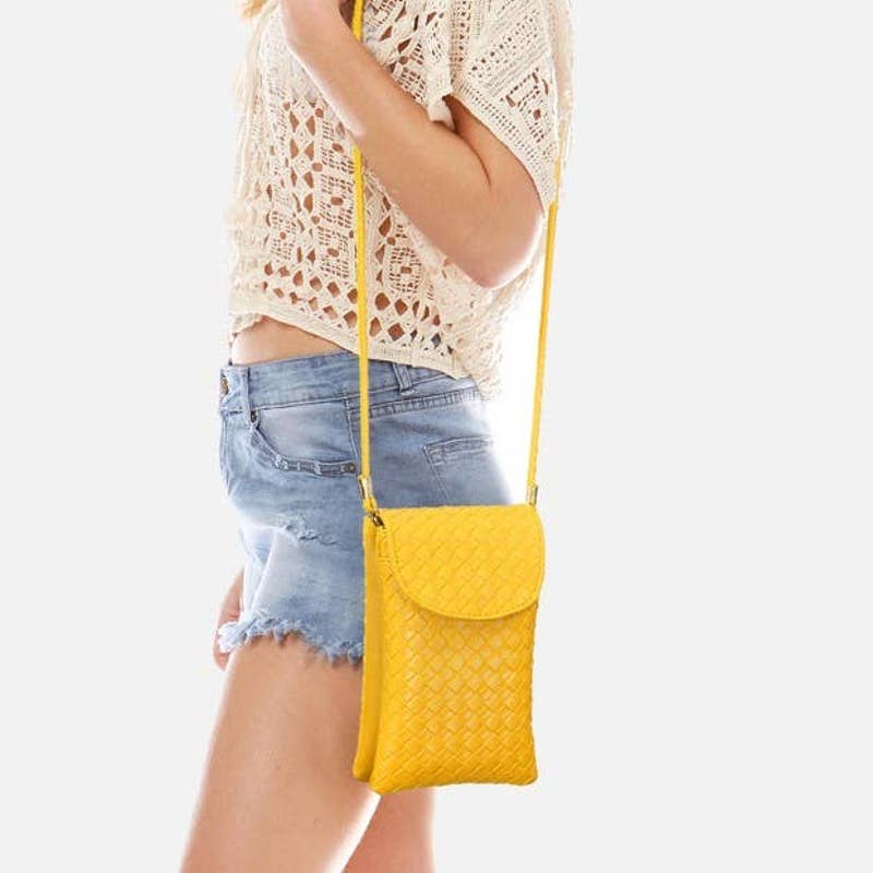 Mustard Yellow Woven Crossbody Organizer Convertible Crossbody Wristlet Handbag