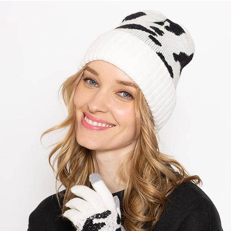 Ivory & Black Cow Print Western Knit Beanie Hat