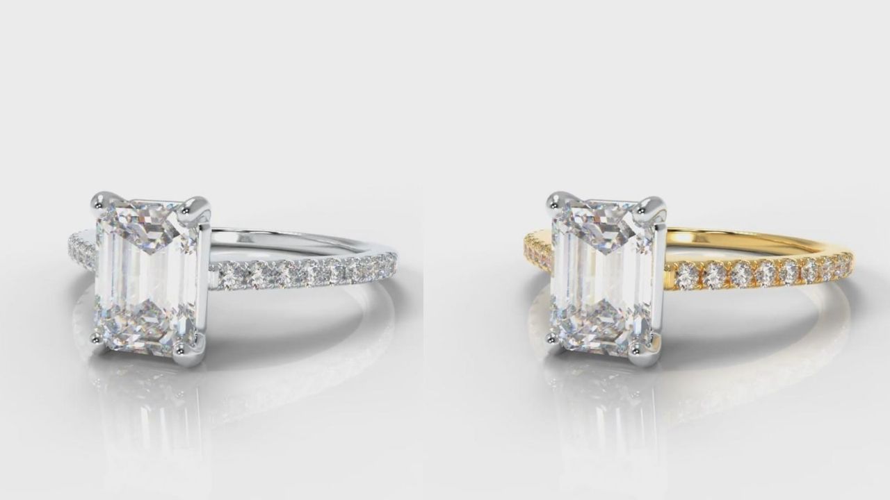 White gold and yellow gold emerald cut engagement ring