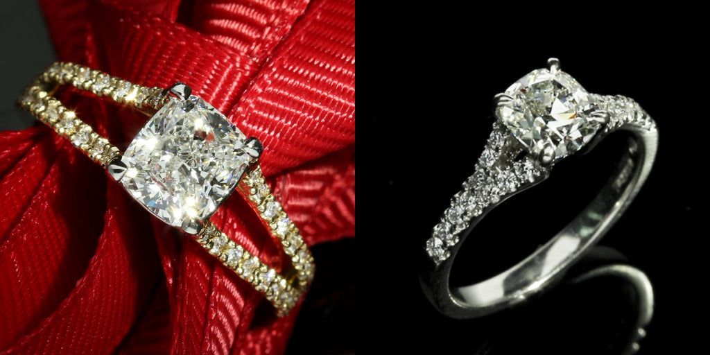 split shank cushion cut diamond engagement ring